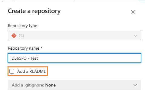 Azure DevOps Create repository, uncheck README