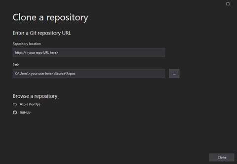 Clone Repository dialog in Visual Studio