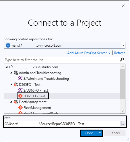 Visual Studio Connect to a Project dialog