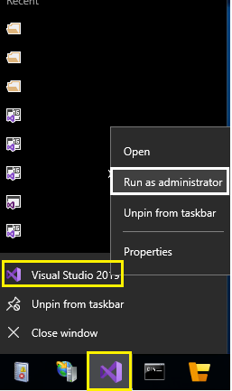 Visual Studio Run as administrator from taskbar